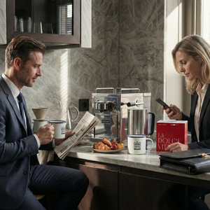 Capsule Coffee Club - Abbonamento: a stylish couple enjoying specialty coffee in a modern kitchen setting.