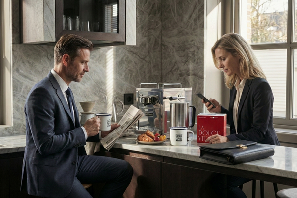 Capsule Coffee Club - Abbonamento: a stylish couple enjoying specialty coffee in a modern kitchen setting.