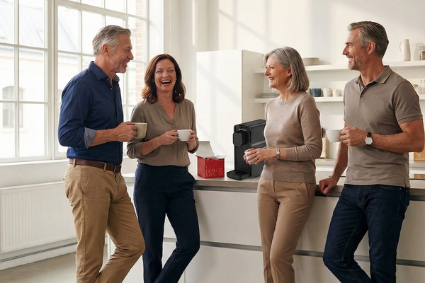 ABBONAMENTO MENSILE UFFICIO ZERO PENSIERI CAPSULE - LA DOLCE VITA: gruppo di persone che gustano caffè in un ambiente di lavoro.