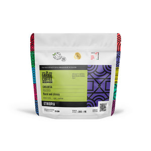 Confezione Garage Coffee Bros Etiopia Yirgacheffe Chelbesa lavato, profilo floreale e agrumato, formato 250 g