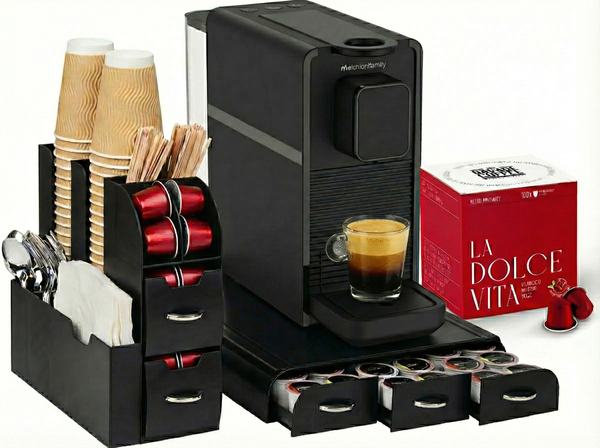 ABBONAMENTO UFFICIO ZERO PENSIERI CAPSULE SPECIALTY - LA DOLCE VITA display with coffee machine and 100% Arabica Specialty capsules.
