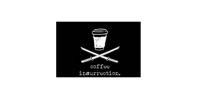Coffee insurrection graphic with a coffee cup and crossed knives, symbolizing specialty coffee culture.