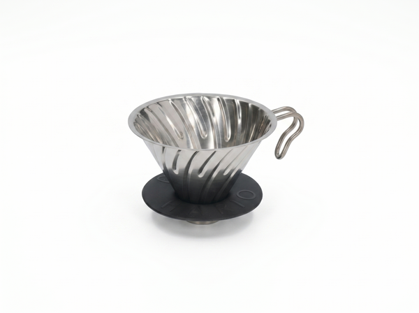 Hario V60-02 Steel dripper in stainless steel with silicone base for precise and durable coffee brewing