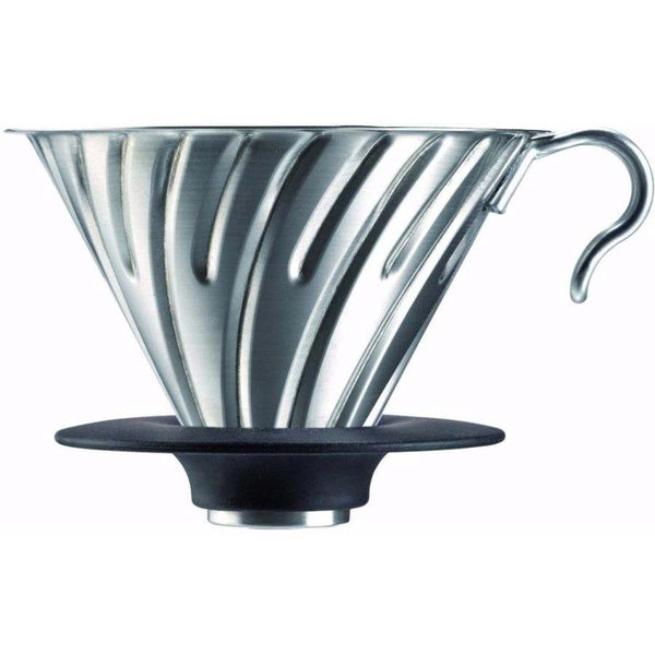 Hario V60-02 Steel pour over dripper with conical shape, brushed stainless steel finish and vertical ribbed texture