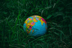 Colorful globe resting on green grass, representing global geography and exploration.