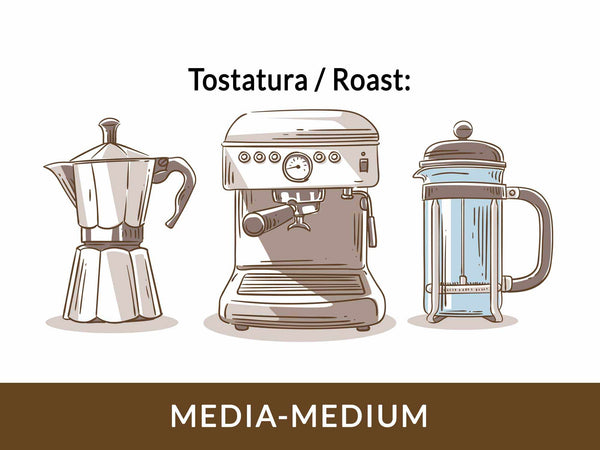 Illustration of three coffee brewing devices under "Tostatura / Roast" showing "MEDIA-MEDIUM" roast level for Miscela Caffè Specialty.